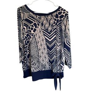 Susan Graver Blouse L Geometric Navy Tie Career Blouse Coastal